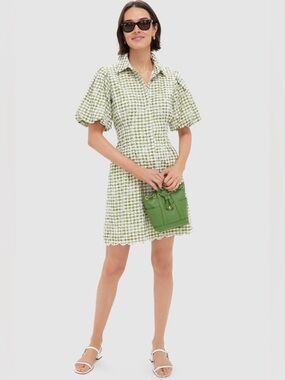 TUCKERNUCK Embroidered Floral Green Gingham Mini Delaney Dress NWT